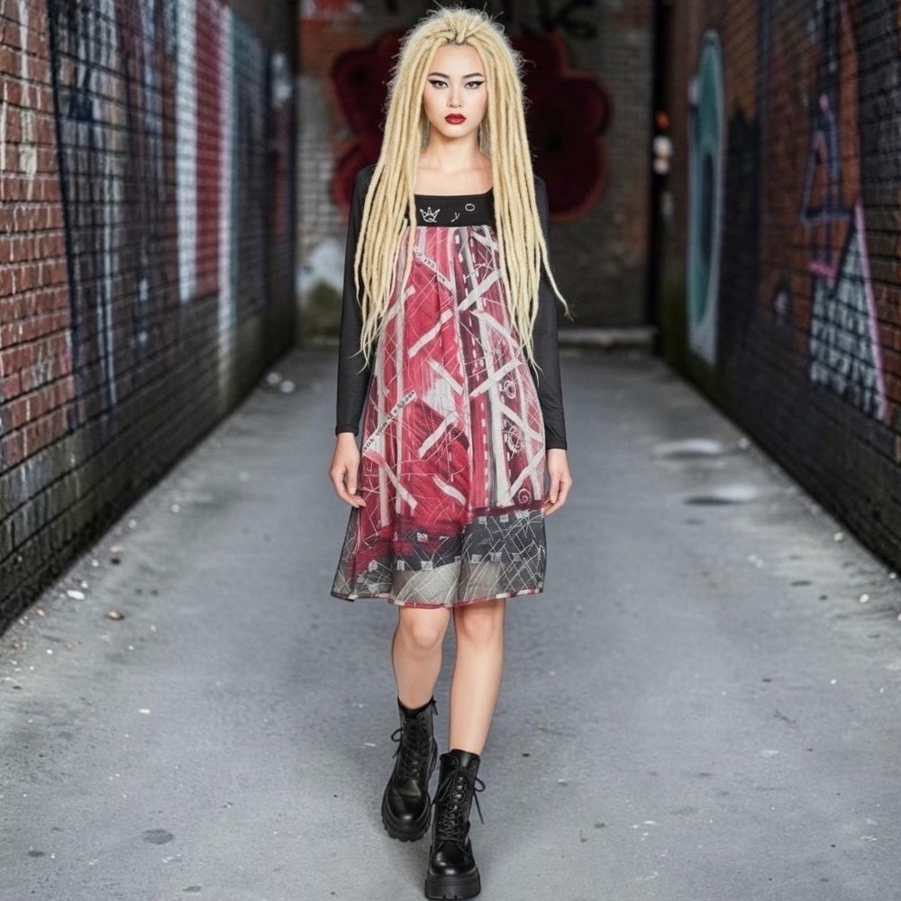 Save The Queen Long Sleeve Dress Abstract Empire Waist Y2K Indie Whimsigoth S